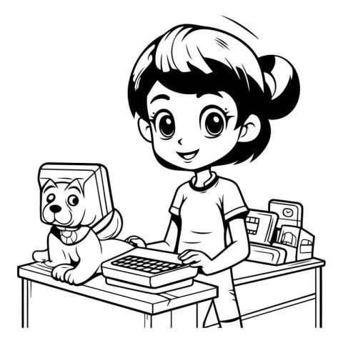 Girl with a computer and a cat. Black and white vector illustrat