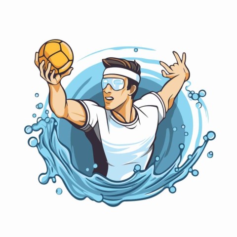 Volleyball player jumping in water with ball. vector illustratio