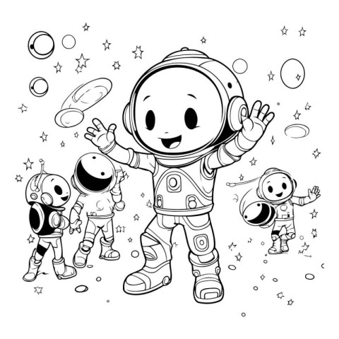 Astronaut and little kids in outer space. Vector illustration.