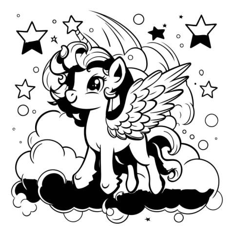 Black and White Cartoon Illustration of Cute Unicorn Fantasy Ani