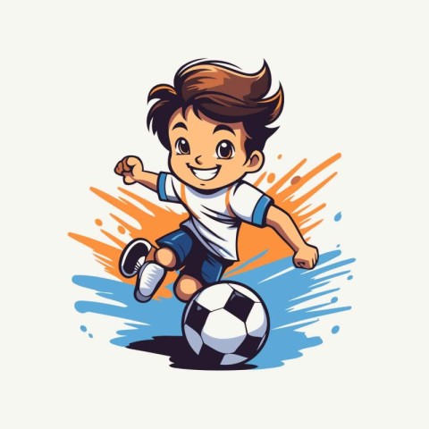 Cute boy soccer player kicking the ball. Vector cartoon illustra