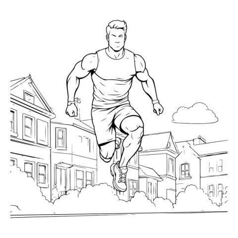 Man running on city street. black and white vector illustration.