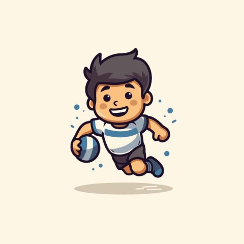 Illustration of a little boy playing rugby. Cartoon style vector