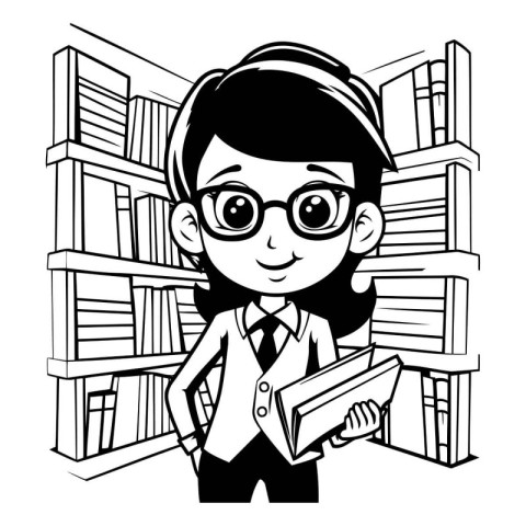 Girl student with glasses and book design. School education lear