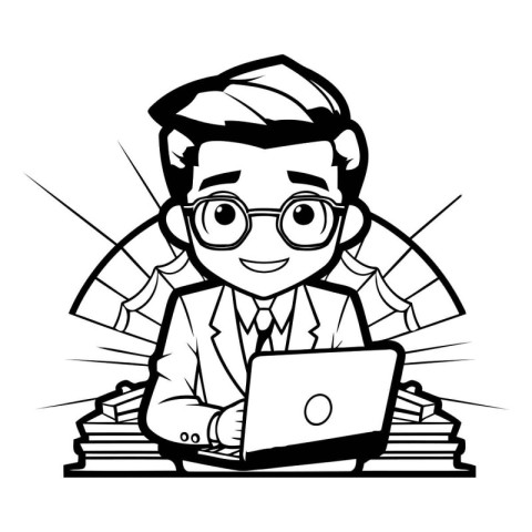 Businessman with Laptop - Black and White Cartoon Illustration.