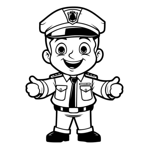 Policeman - Black and White Cartoon Illustration. Isolated on Wh