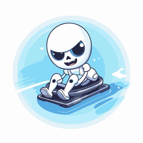 Cute cartoon robot sliding on a snowboard. Vector illustration.