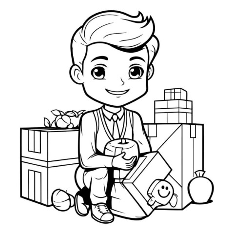 Boy with boxes and toys. black and white vector illustration for