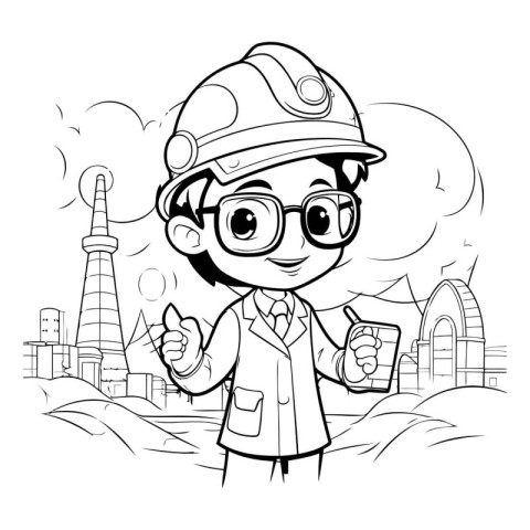 Black and White Cartoon Illustration of Little Boy Builder or Ar