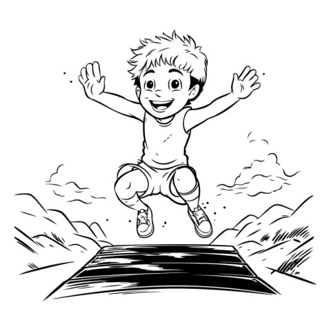 Black and White Cartoon Illustration of Kid Jumping or Running i