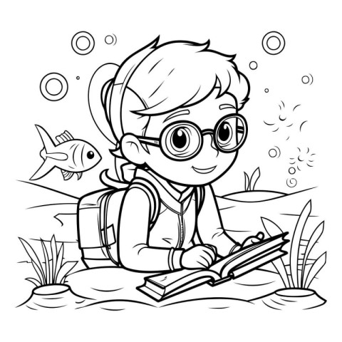 Boy reading a book in the sea. black and white vector illustrati