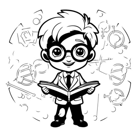 Vector illustration of a boy in glasses reading a book on white