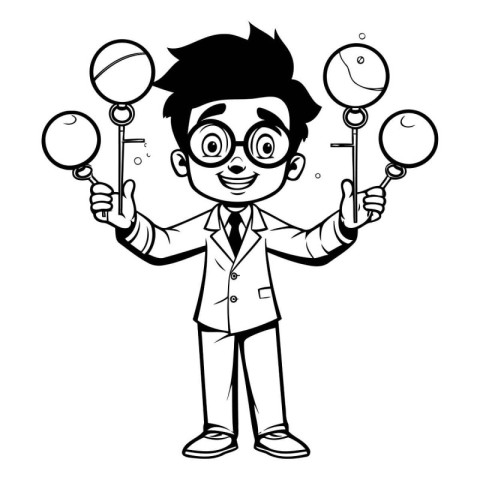 Black and White Cartoon Illustration of a Kid Boy Scientist Char