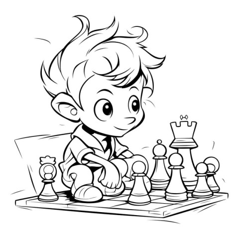 Black and White Cartoon Illustration of Little Boy Playing Chess