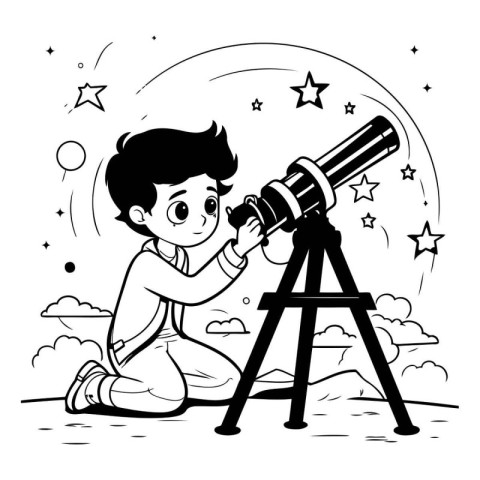 Boy looking through a telescope in the starry sky. Vector illust