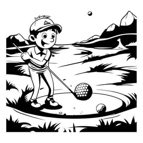 Boy playing golf. Black and white vector illustration for colori