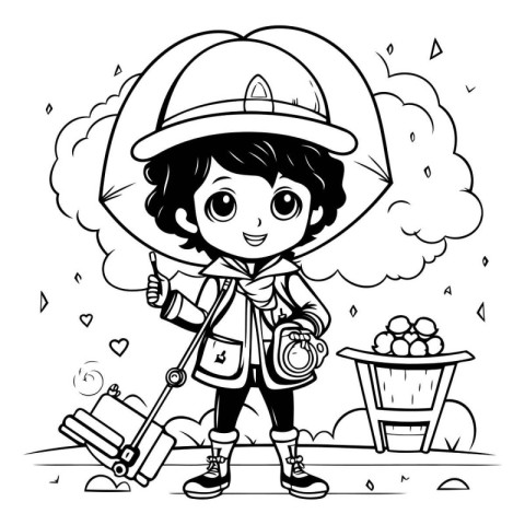 Black and White Cartoon Illustration of a Kid Boy Scout with a L