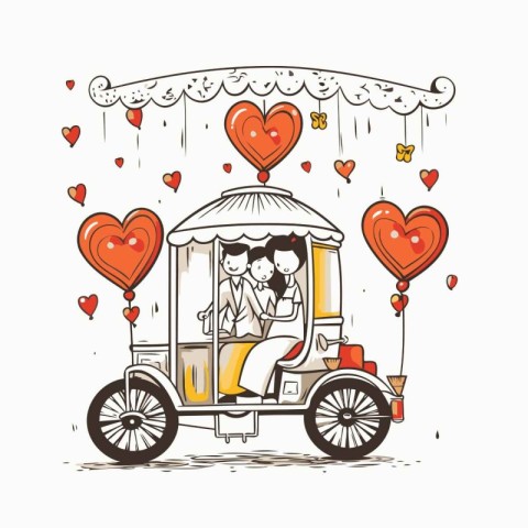 Illustration of a couple driving a tuk tuk with hearts