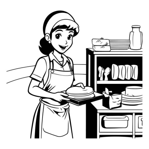 Baker woman with bread cartoon in black and white vector illustr