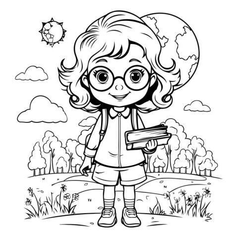 Cute little girl with books in the park. Vector illustration.