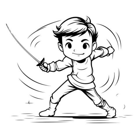 Fencing Boy - Black and White Cartoon Illustration of a Martial