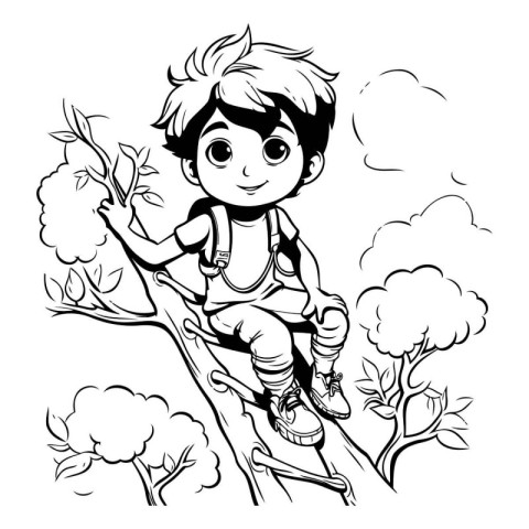 Boy climbing on a tree. Black and white vector illustration for