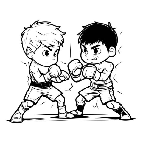 Karate Kids - Black and White Cartoon Mascot Illustration