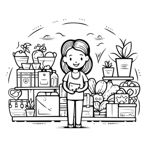 Cute little girl in flower shop. Vector line art illustration.