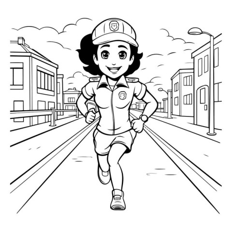 Black and White Cartoon Illustration of Girl Firefighter or Fire