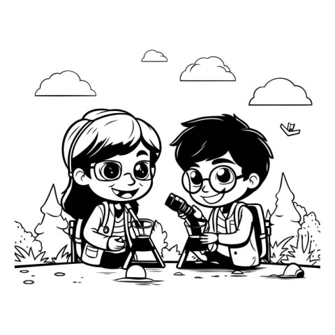 Boy and girl exploring the nature with a magnifying glass. vecto