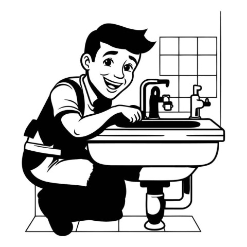 Vector cartoon illustration of young man washing his hands in th