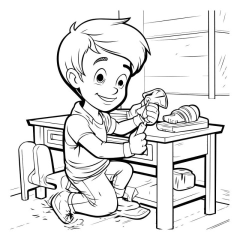 Black and White Cartoon Illustration of a Kid Boy Cleaning the D