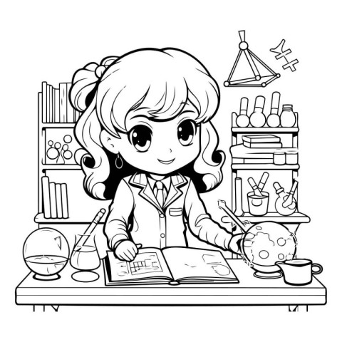 Black and white vector illustration of a little girl studying at