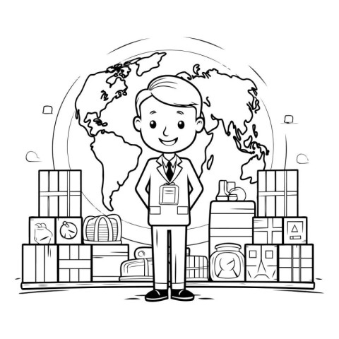 Businessman cartoon with briefcase and world map vector illustra