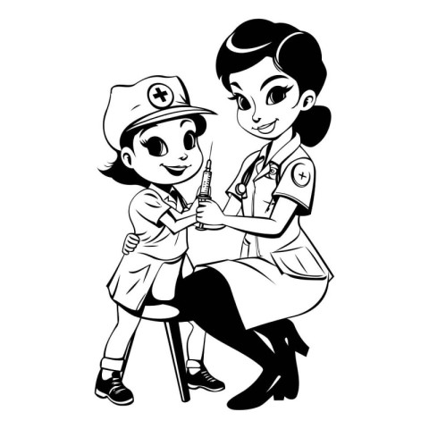 Illustration of a nurse and a little girl on a white background