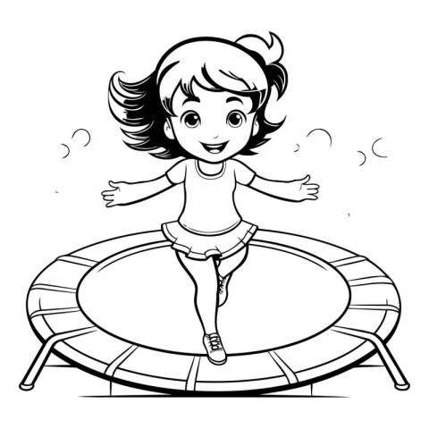 Black and White Cartoon Illustration of Cute Little Girl Jumping