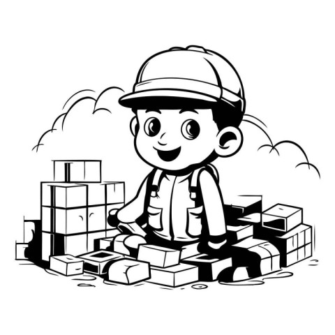 Illustration of a Kid Boy Playing with Construction Blocks - Bla