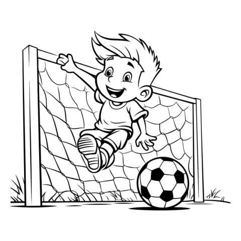 Cartoon soccer player kicking the ball. Coloring book for childr