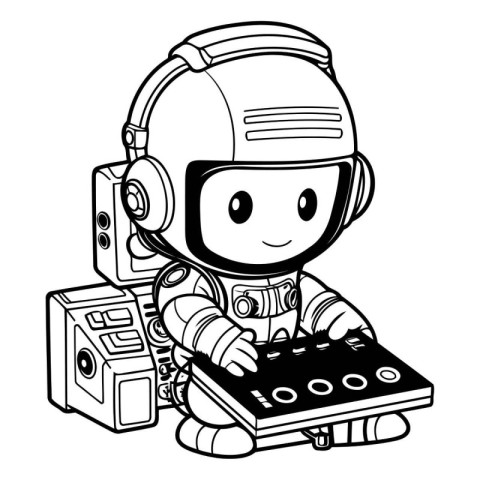 astronaut playing a game console - black and white vector illust