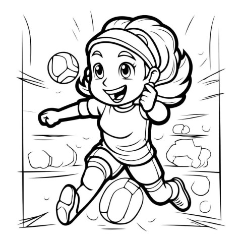 Black and White Cartoon Illustration of Kid Girl Playing Volleyb