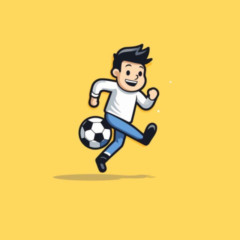 Cartoon soccer player running with ball on yellow background. Ve