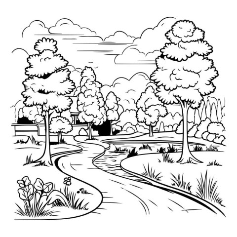 Black and White Cartoon Illustration of Countryside Landscape wi