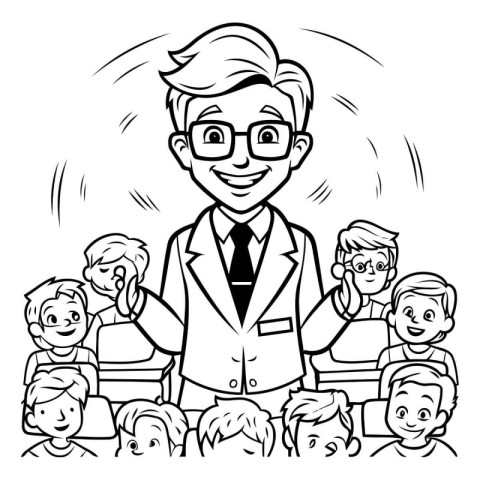 Teacher in Classroom - Black and White Cartoon Illustration. Vec