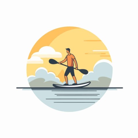 Man paddling on stand up paddle board. Flat style vector illustr