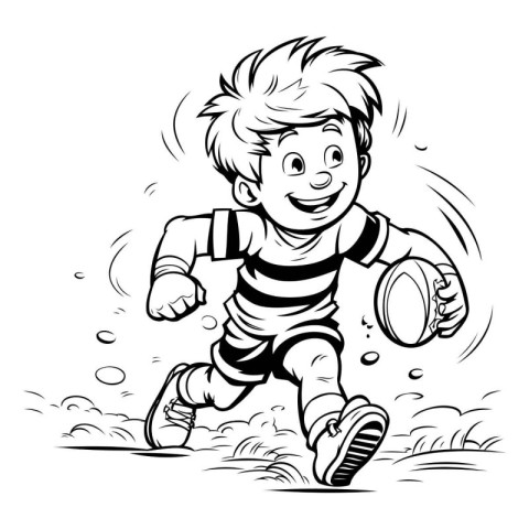 Boy playing rugby - Black and White Cartoon Illustration for Col