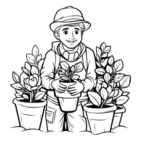 Gardening boy cartoon in black and white vector illustration gra