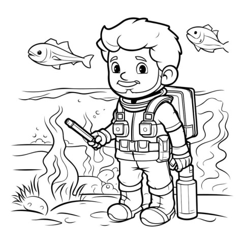 Coloring Page Outline Of a Kid Boy With a Flashlight