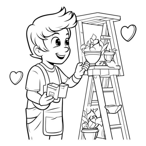 Boy watering plants. Black and white vector illustration for col