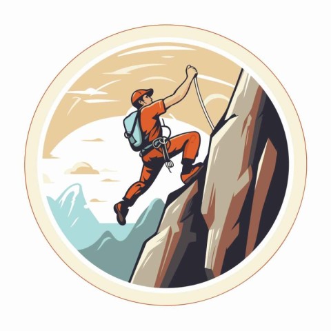 Illustration of a rock climber climbing up a cliff set inside ci