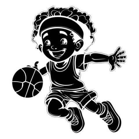 Little boy playing basketball. black and white vector illustrati